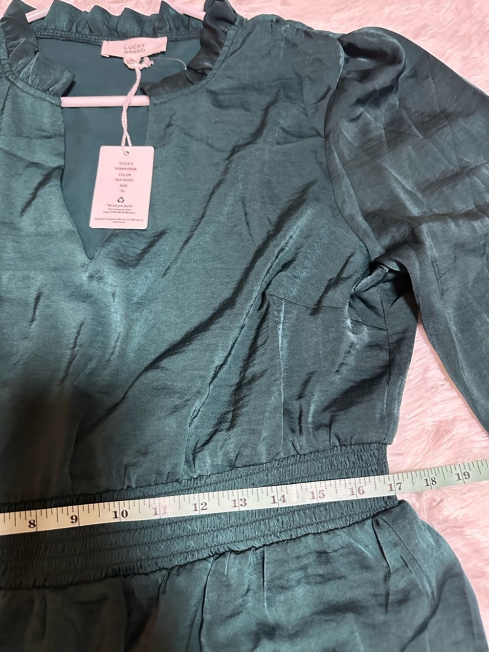Lucky Brand Emerald Long-Sleeve V-Neck Smocked Mini Dress Ruffle XL Elegant - Picture 9 of 11